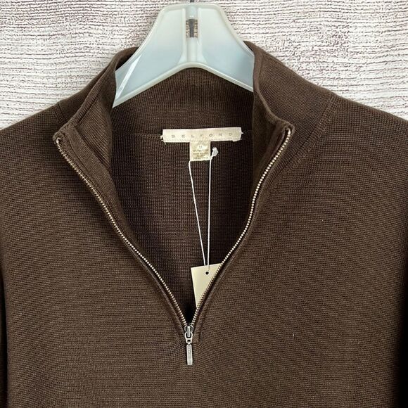 New BELFORD 1/4 Zip Sweater Pullover Kangaroo Pocket Brown Cotton Mock Neck M - Picture 4 of 12